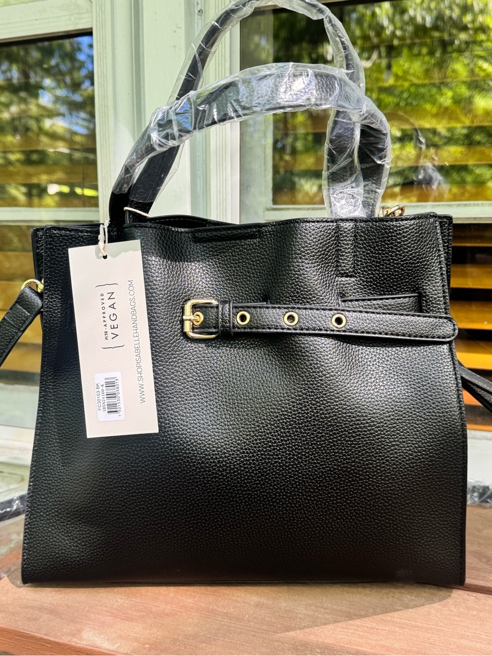 Ello Tova Black Pebbled Vegan Leather Tote w/ Gold Buckle & Crossbody Strap NWT